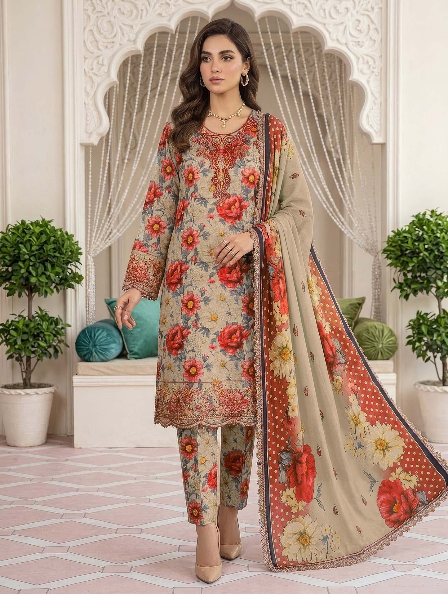 Printed Lawn 3 Piece Unstitched Suit – Sequins Patch Shirt with Chiffon Lace Dupatta