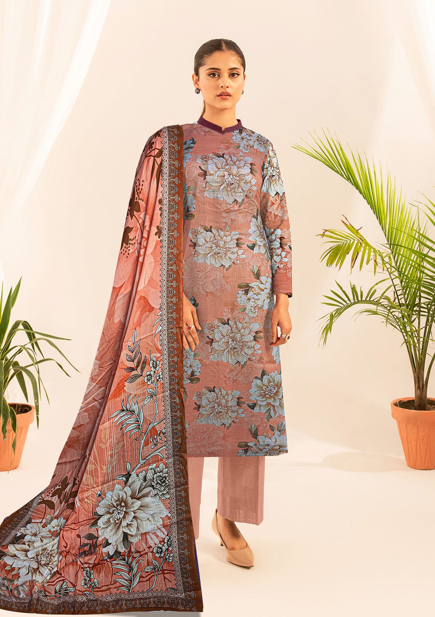 Summer End Sale 3-PC Premium peach pinkish shades pure digital printed lawn shirt & Dupatta(Unstitched)