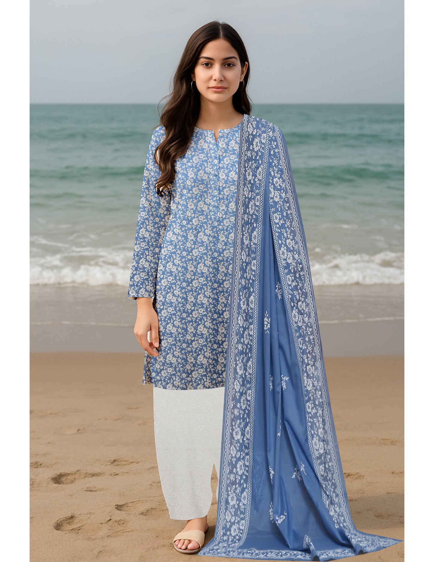 3-piece Premium Aqua beach Digital printed Lawn suit (Unstitched)