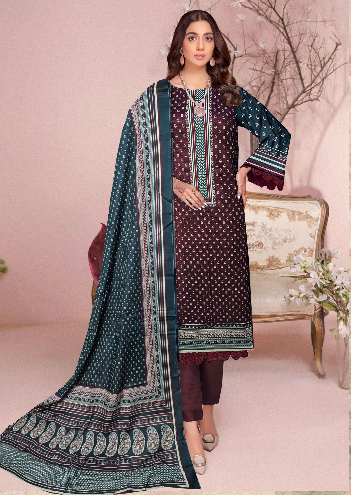 3-Pc Printed Khaddar Unstitched Suit With khadar Dupata(Premium Winter Collection)