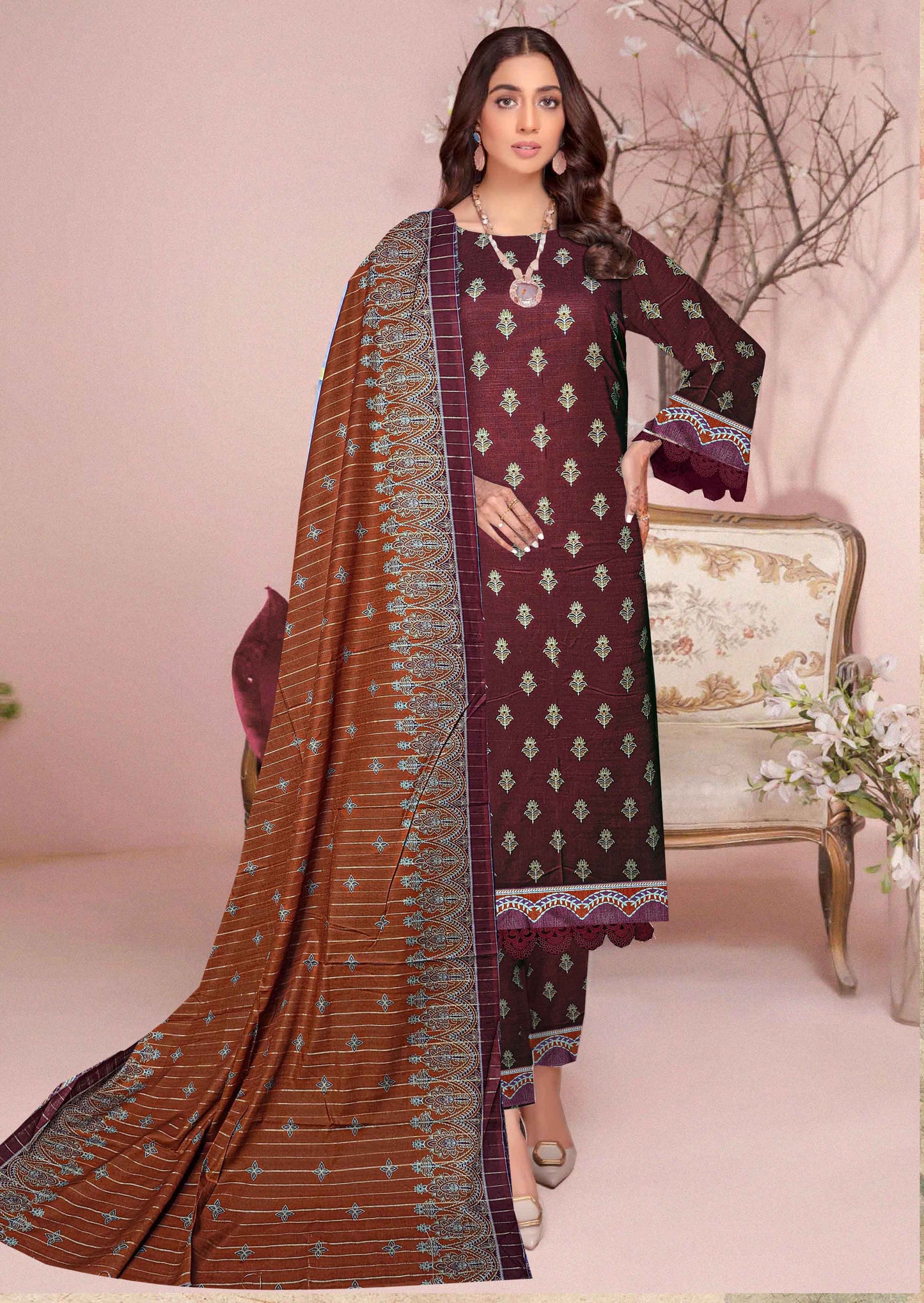 3-Pc Printed Khaddar Unstitched Suit With khadar Dupata(Premium Winter Collection)