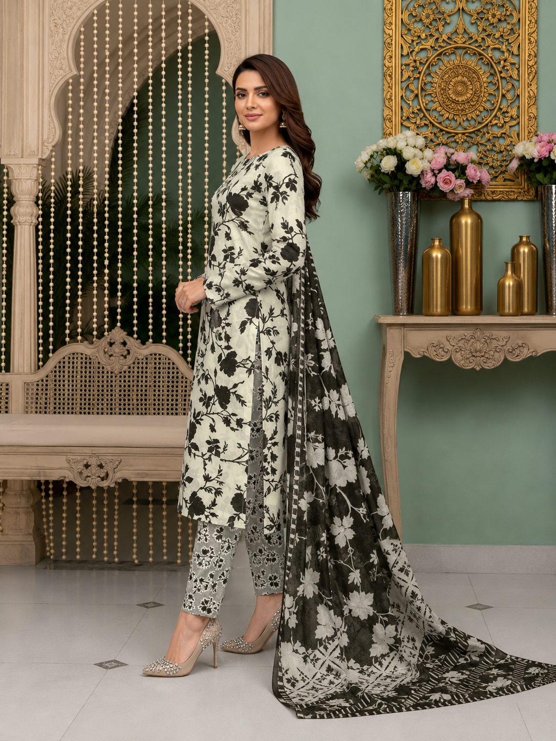 Classic 3 Pc Unstitched All Over Print Lawn Suit with Voile Dupatta