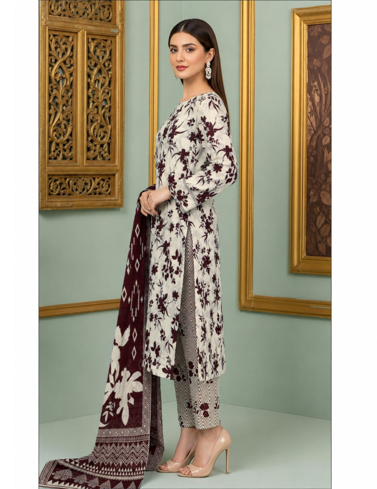 Elegant 3 Piece Unstitched All Over Print Lawn Suit with Voile Dupatta