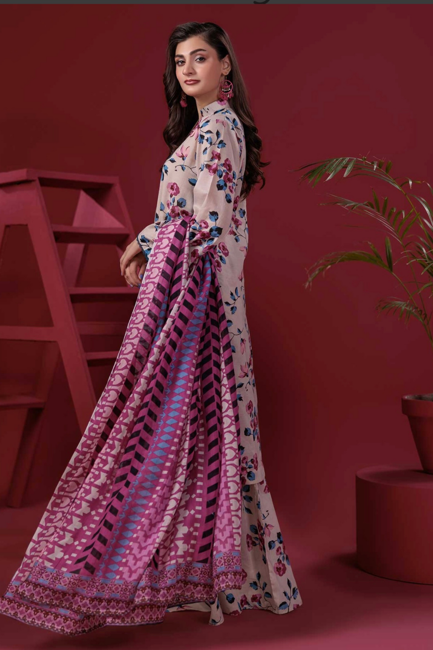 3-Piece Premium Beige Floral Unstitched Lawn Suit