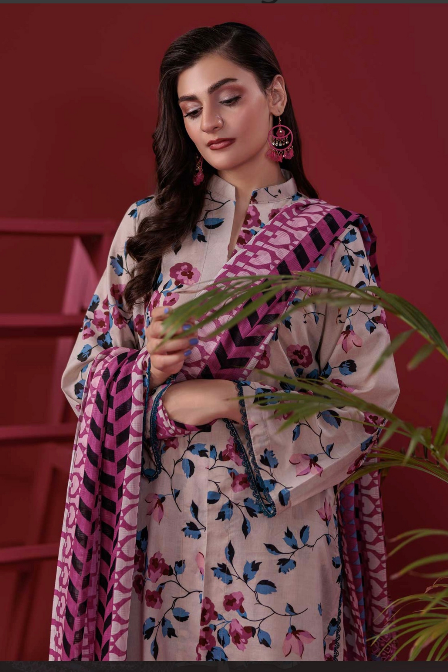 3-Piece Premium Beige Floral Unstitched Lawn Suit