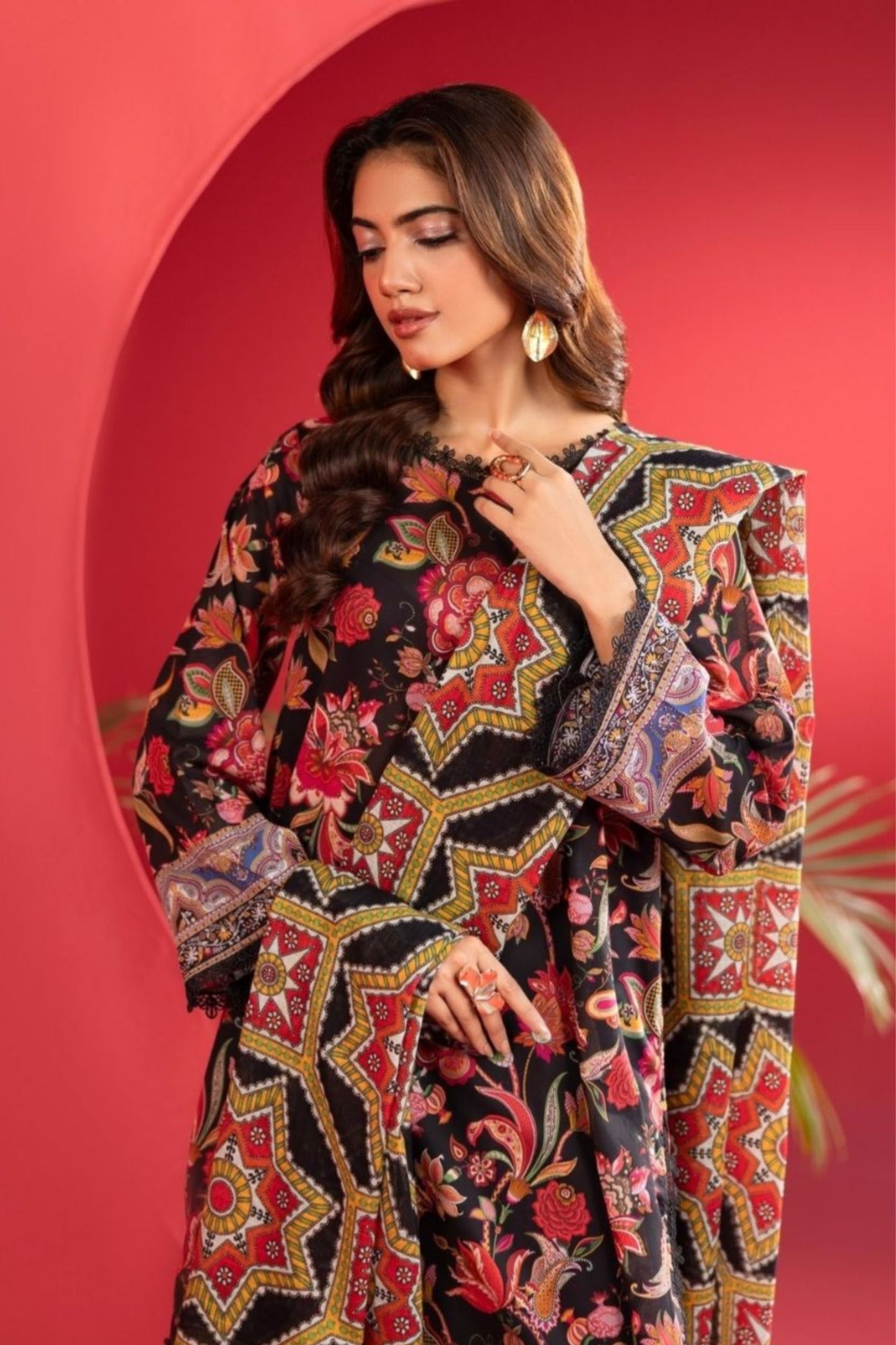 3-Piece Premium Unstitched Lawn Suit–Black and Red Floral
