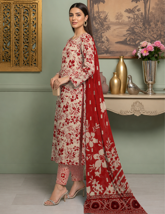 Stylish 3 Piece Unstitched All Over Print Lawn Suit with Voile Dupatta
