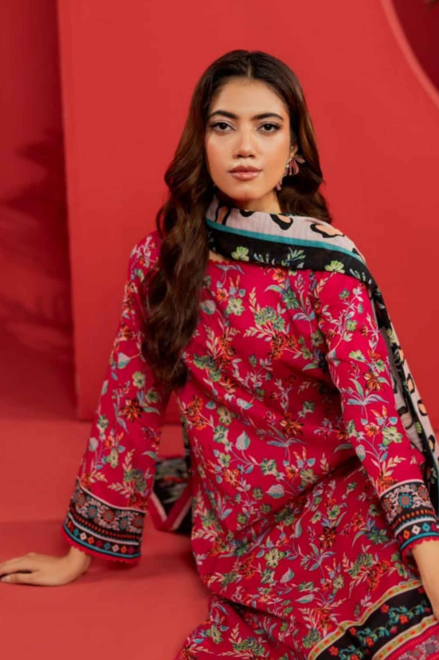 3-Piece Premium Unstitched Lawn Suit -Red and black Floral