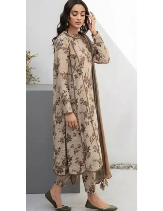 Unstitched 3PC Printed Lawn Suit with Organza Embroidered Patches