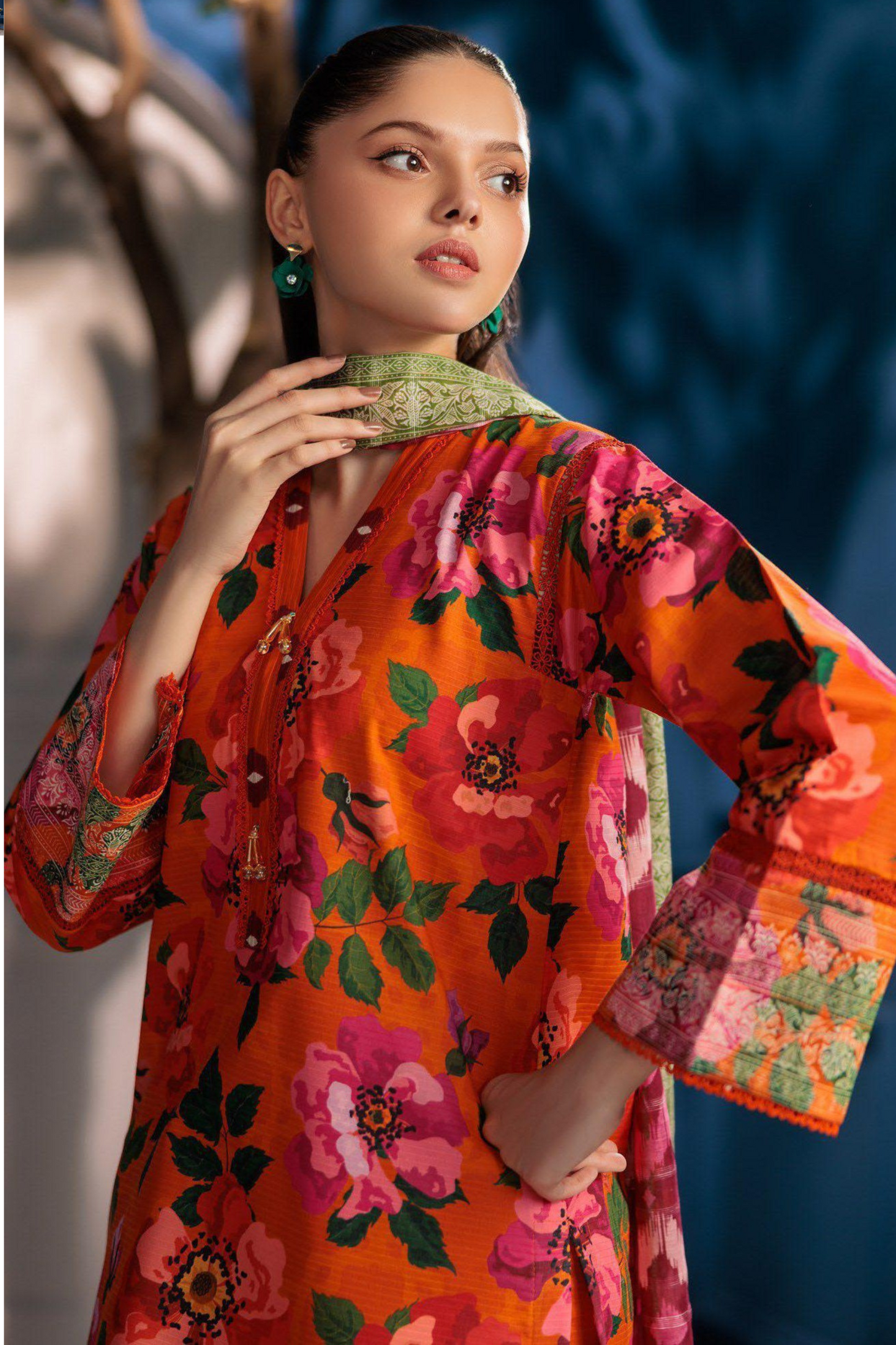 3-piece Tangerine Coral Digital Floral Lawn Suit (Unstitched)