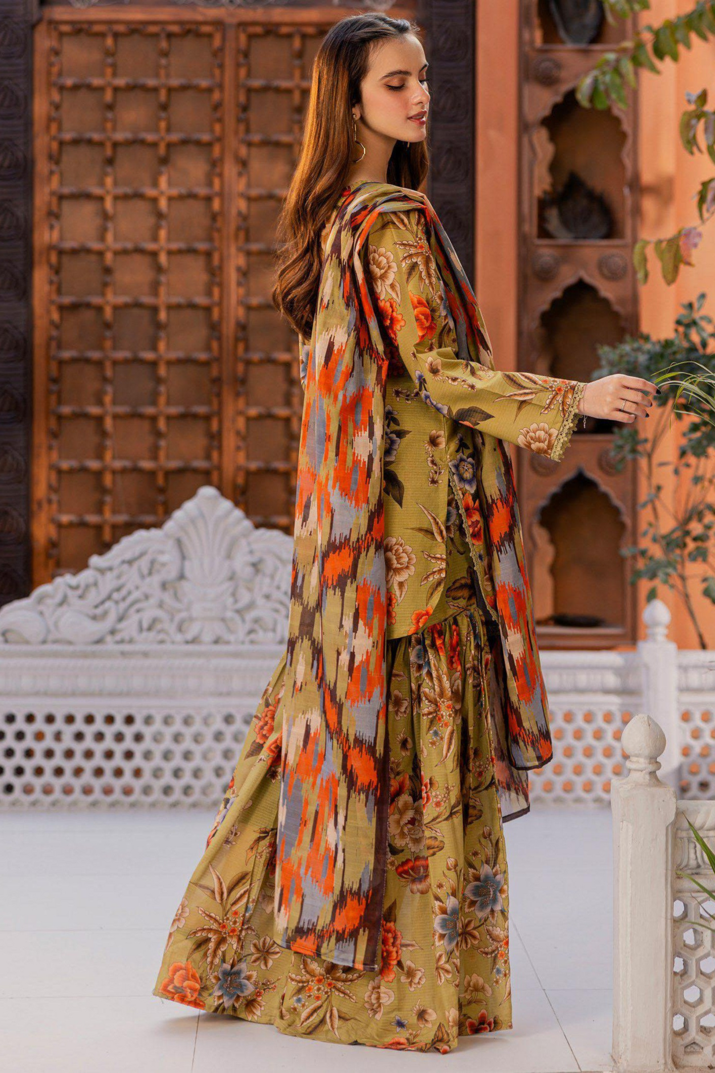 3-piece Premium Mustard Olive Digital Floral Lawn Suit (Unstitched)