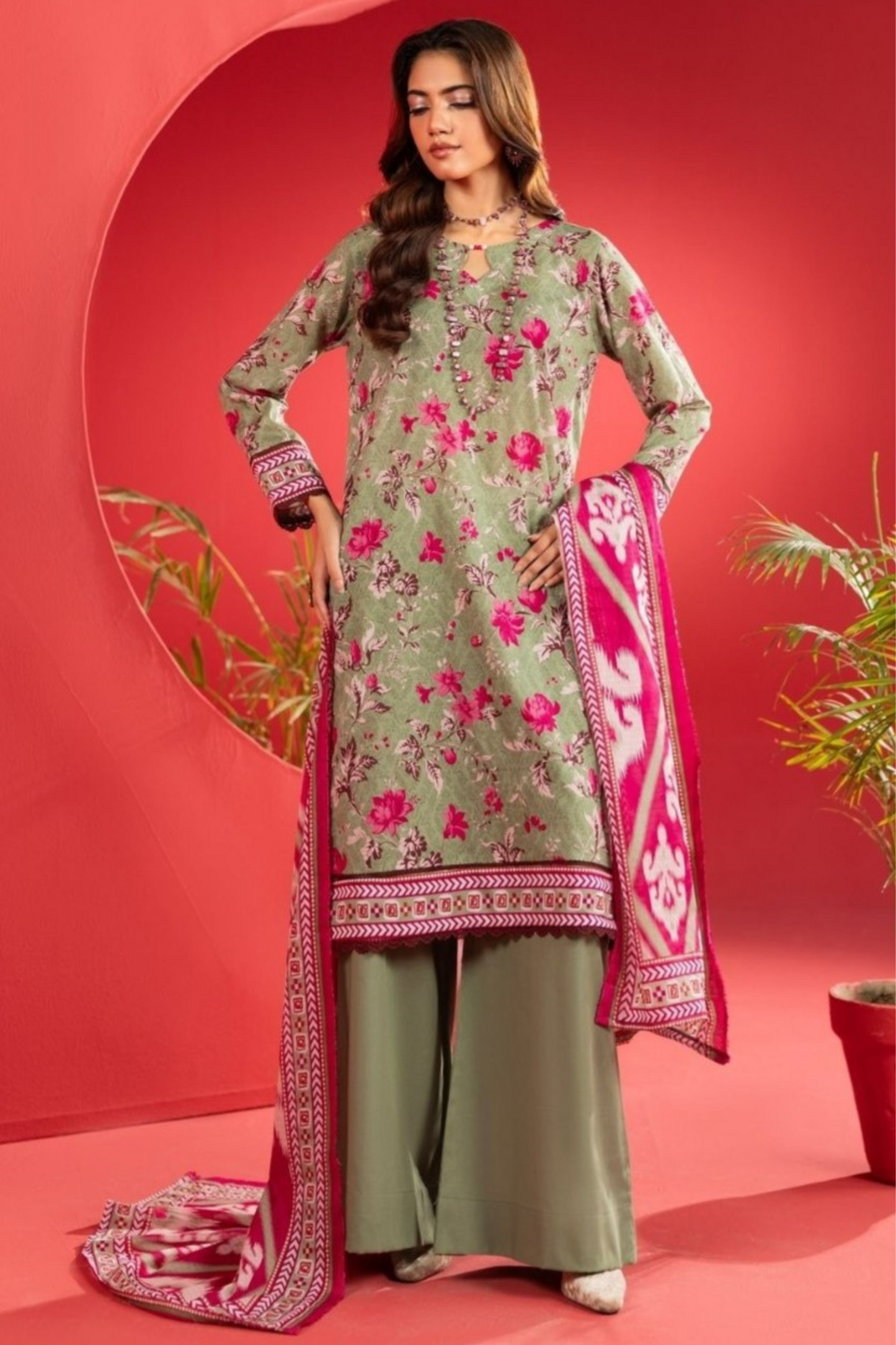 3-Piece Premium Unstitched Lawn Suit–Olive Green & Magenta Pink