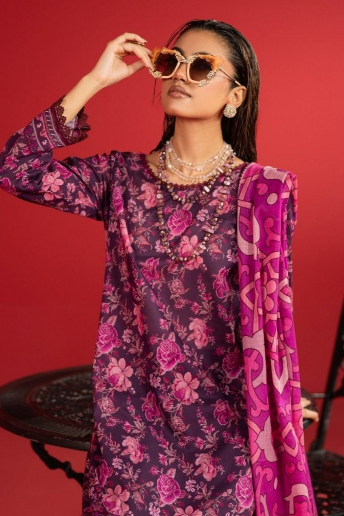 3-Piece Premium Pinkish black floral Unstitched Lawn Suit