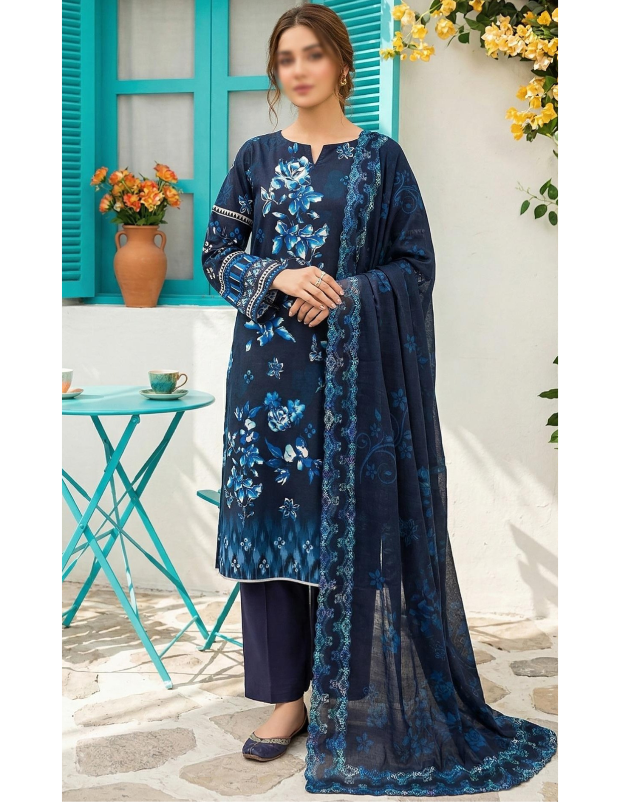 3 Piece Blue Unstitched Air jet Lawn Suit