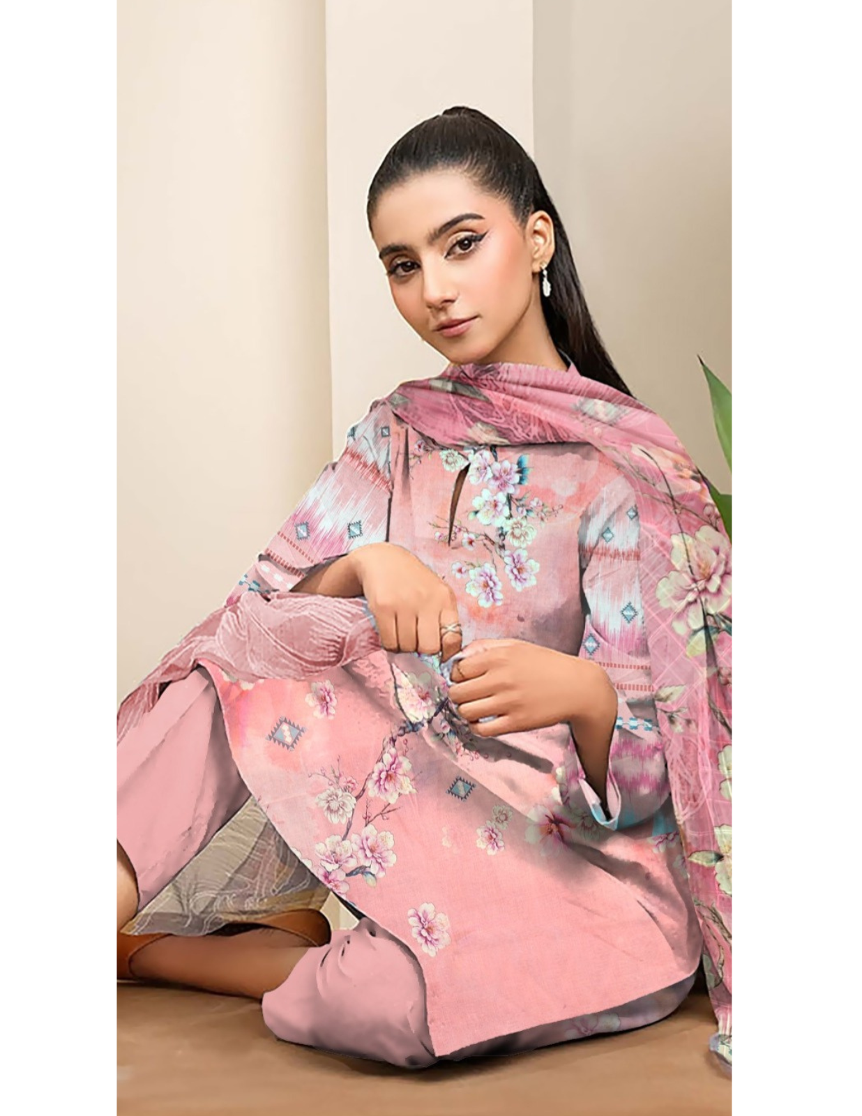 Signature 3-Pc Digital Printed Bana Dora Suit & Dyed Trousers