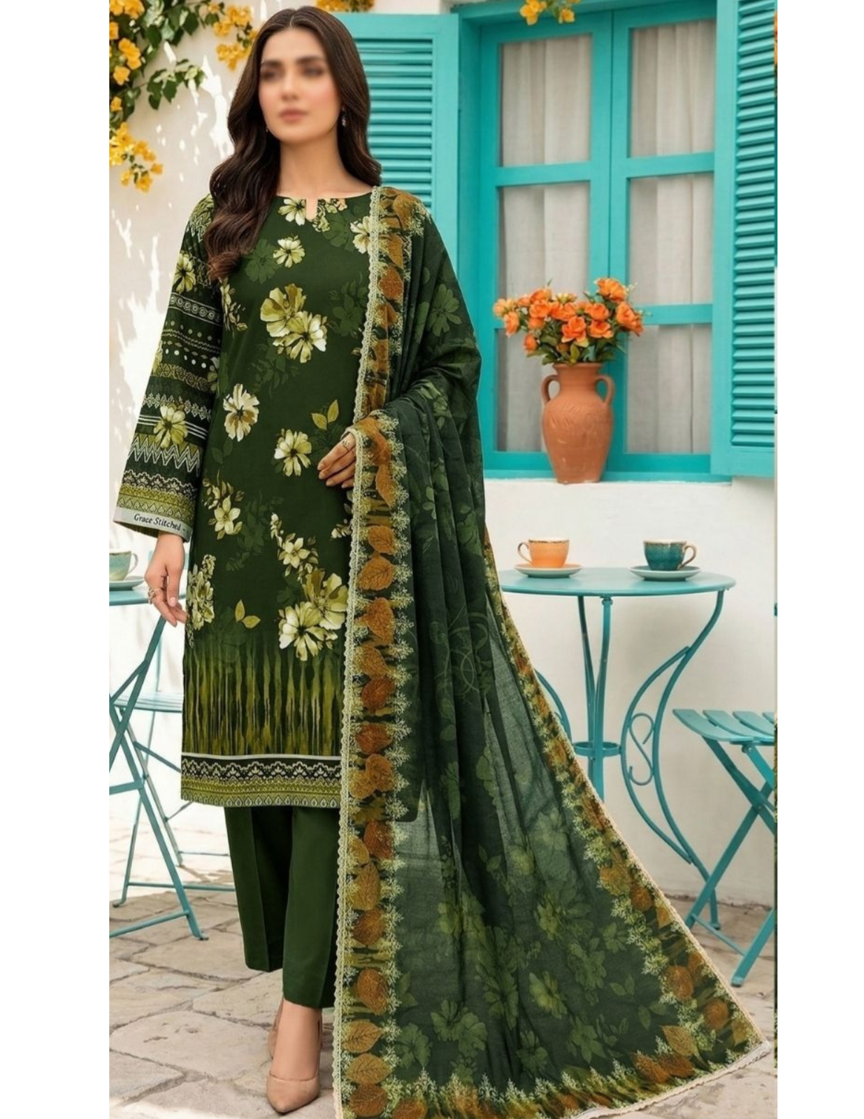 3 Piece green Unstitched Air jet Lawn Suit