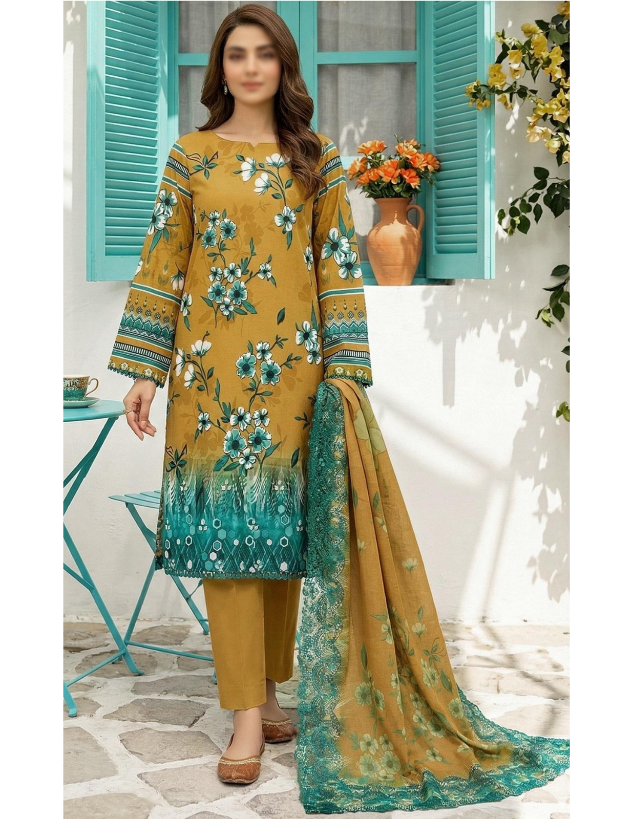 3 Piece yellow Unstitched Air jet Lawn Suit