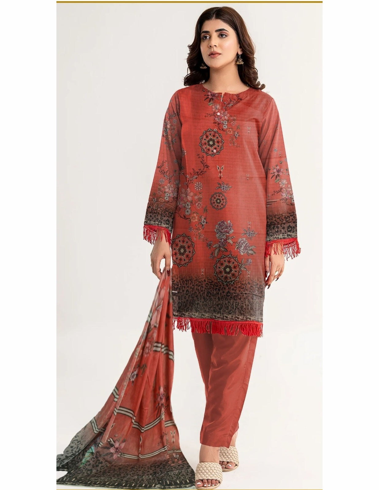 Premium Rust Orange Printed Bana Dora Lawn Suit (Unstitched)3 piece