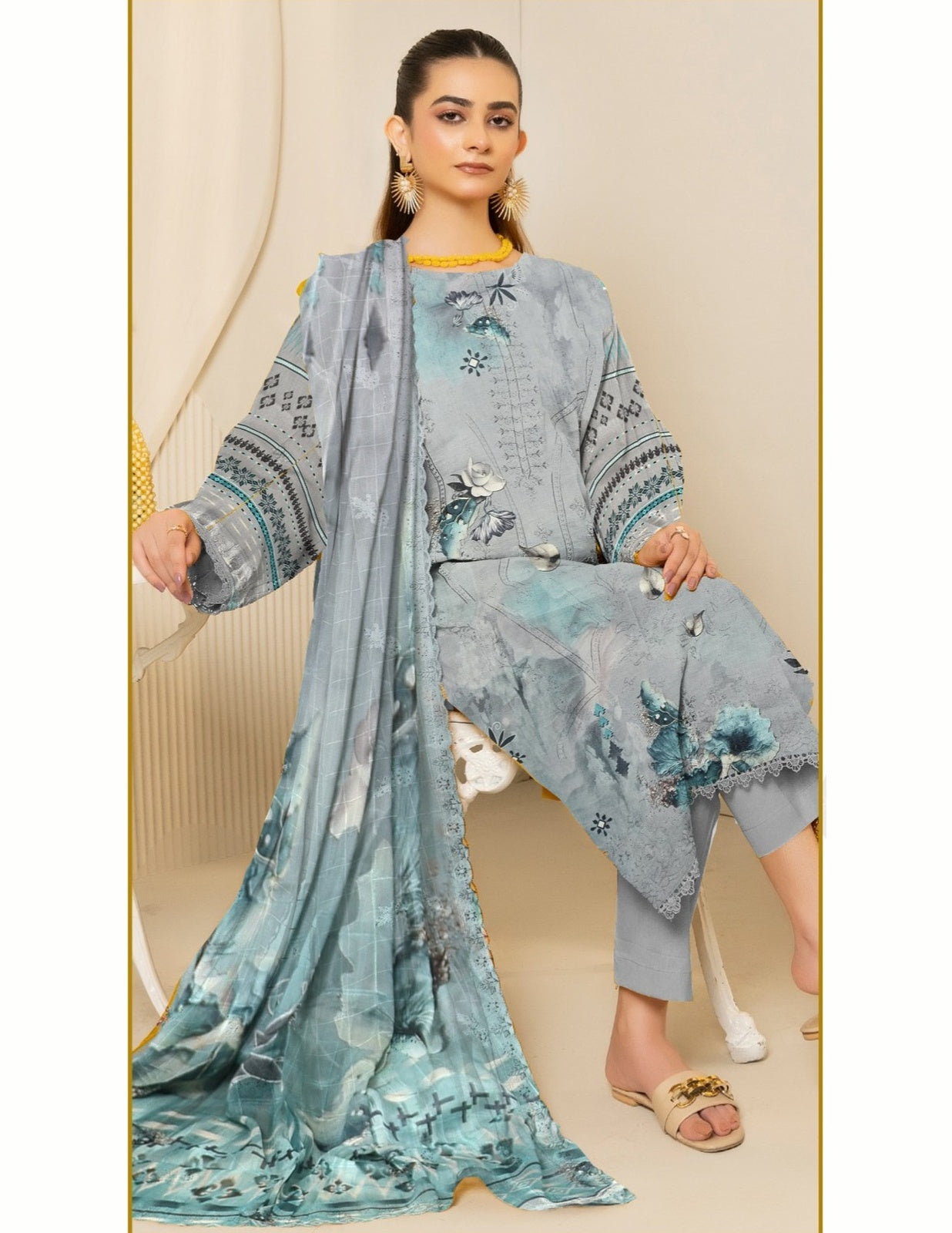Soft Grey Floral Printed Bona Dora Lawn Suit (Unstitched) 3 Piece