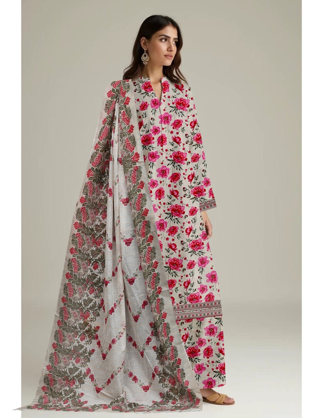 3-Piece Soft Grey & Magenta Floral Unstitched Lawn Suit