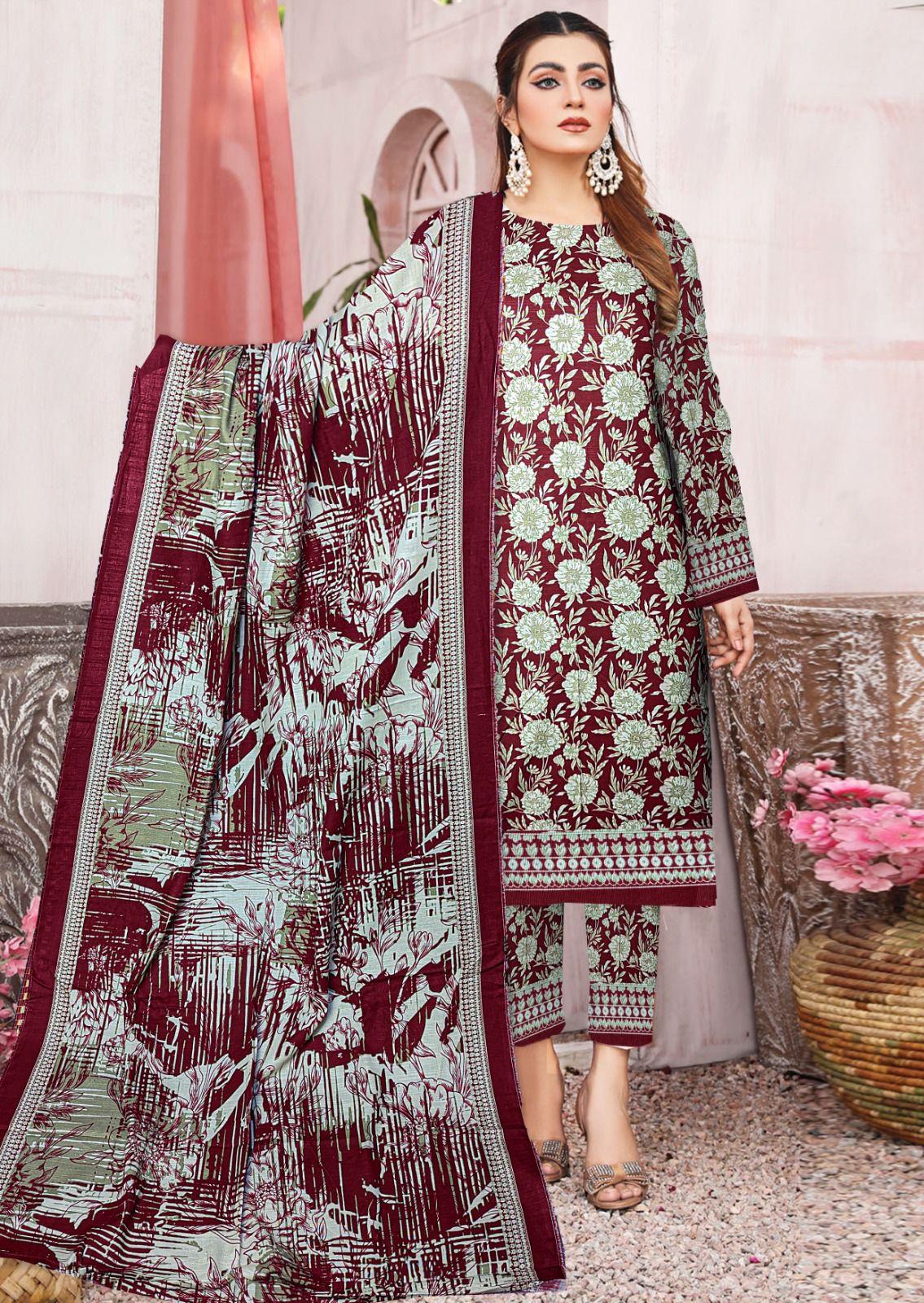 3-Pc Printed Khaddar Floral Unstitched Suit(Premium Winter Collection)