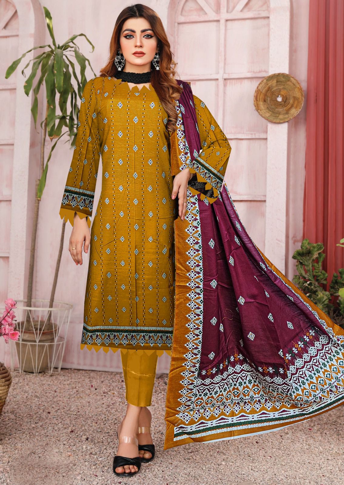 3-Pc Printed Khaddar Floral Unstitched Suit(Premium Winter Collection)