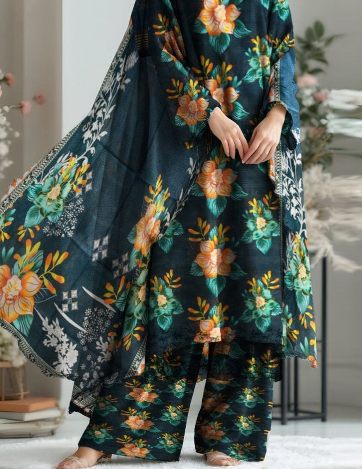 Teal Blue Lawn Suit with Vibrant Yellow-Orange Floral Print & White Embroidered Dupatta (Unstitched) 3 piece