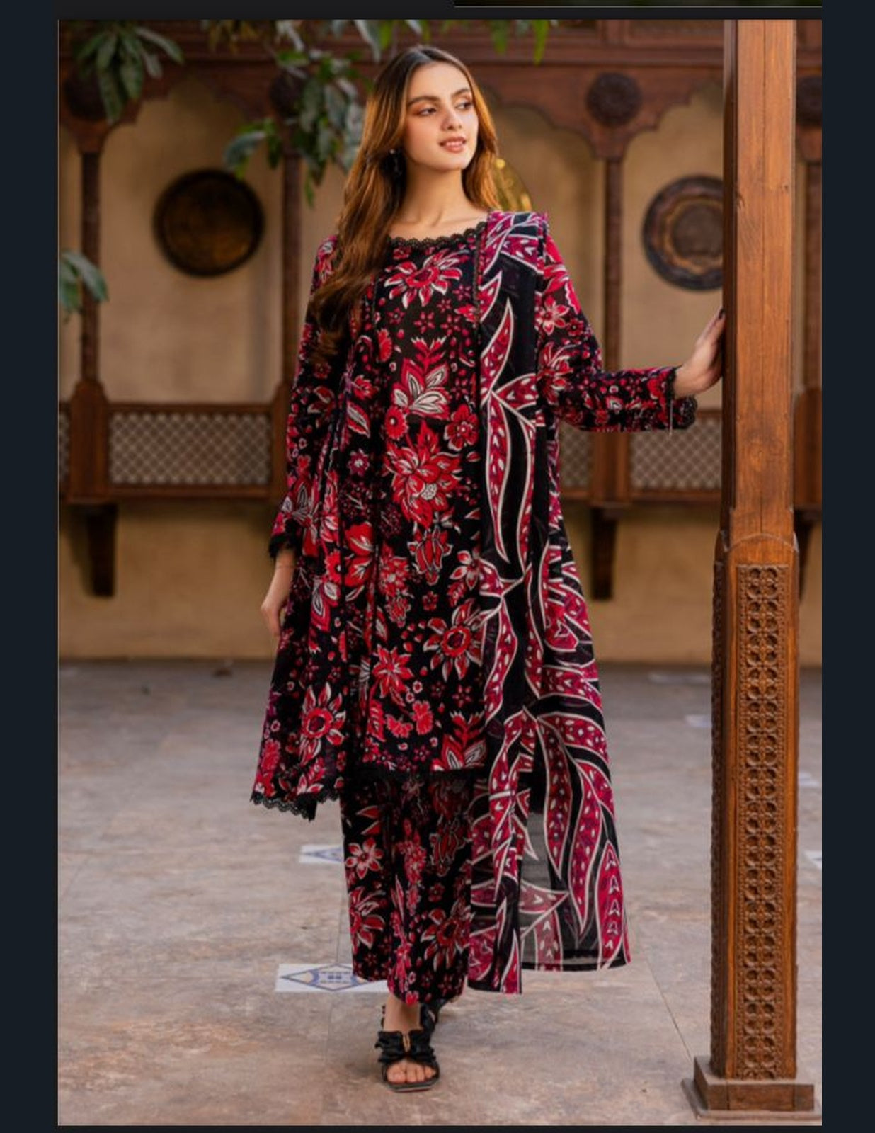 RUTBA by Orang – Black & Crimson Digital Floral Lawn Suit (Unstitched) 3 piece