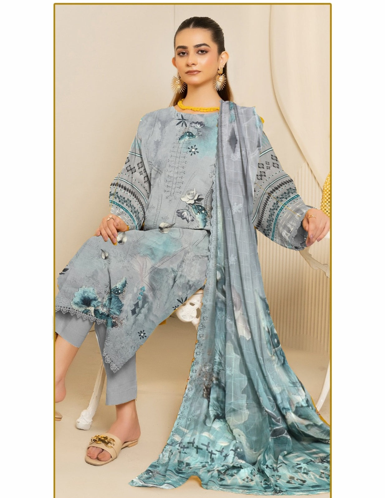 Soft Grey Floral Printed Bona Dora Lawn Suit (Unstitched) 3 Piece