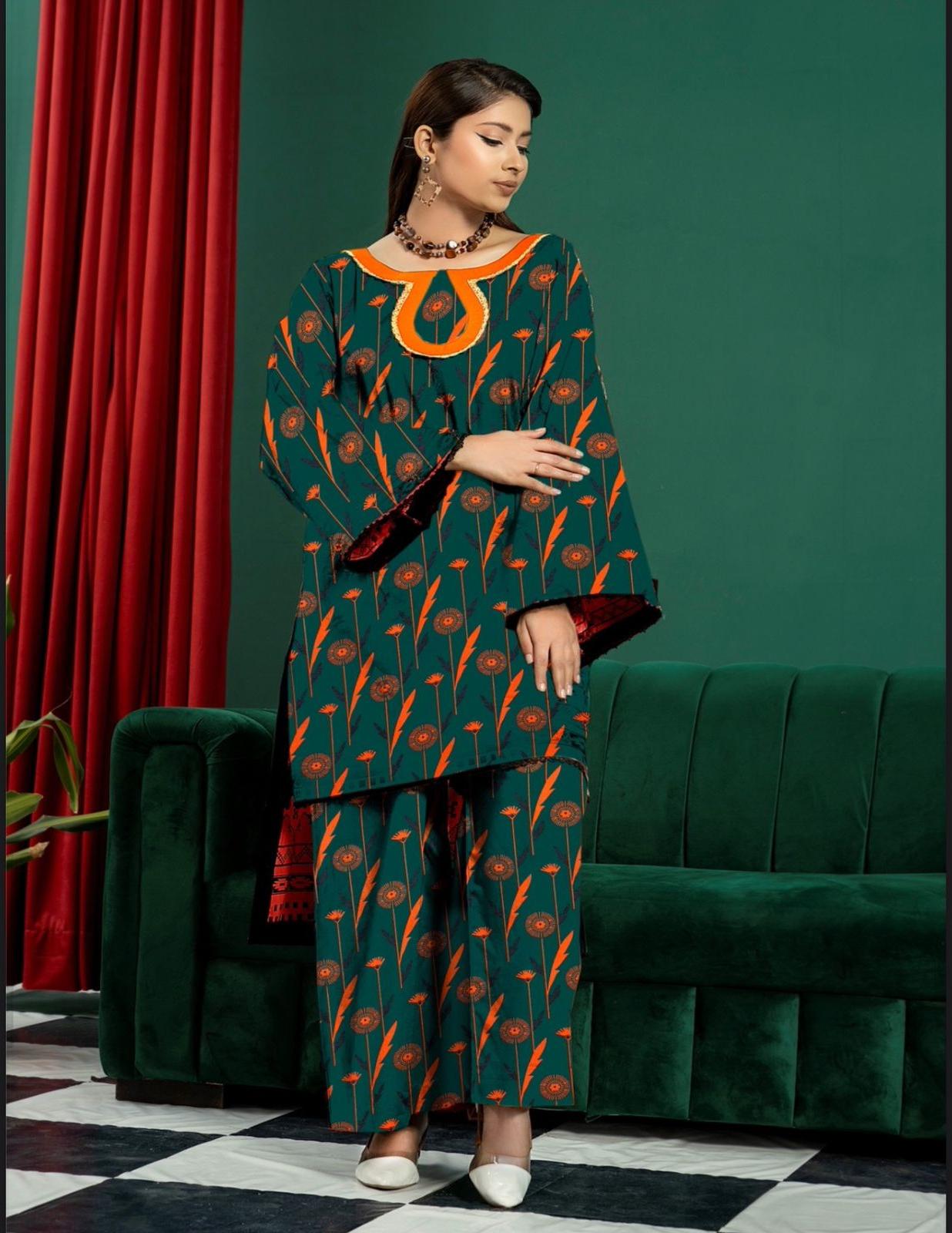2-Piece Deep Teal & Sunset orange Floral Unstitched Lawn Suit
