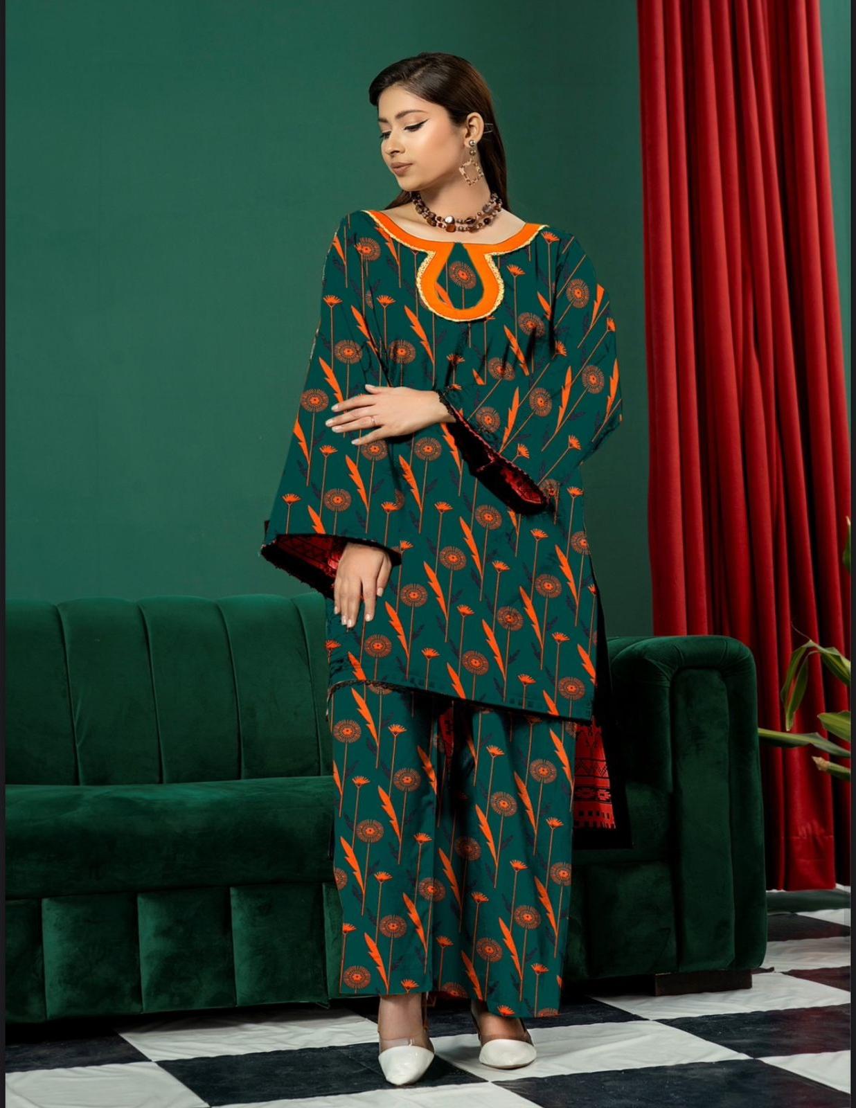 2-Piece Deep Teal & Sunset orange Floral Unstitched Lawn Suit