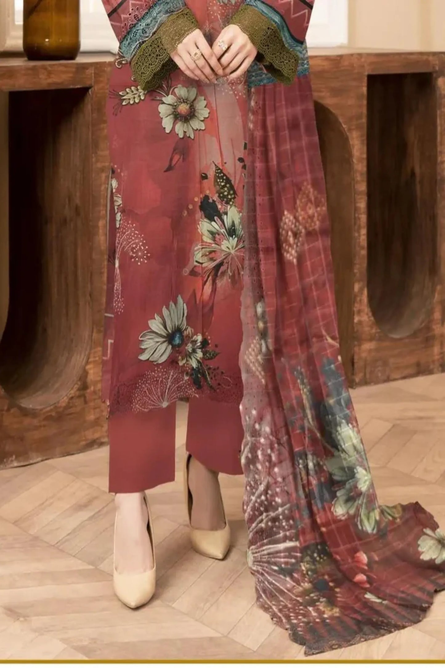 3-Piece Premium Maroon Floral Printed Lawn Suit(Unstitched)