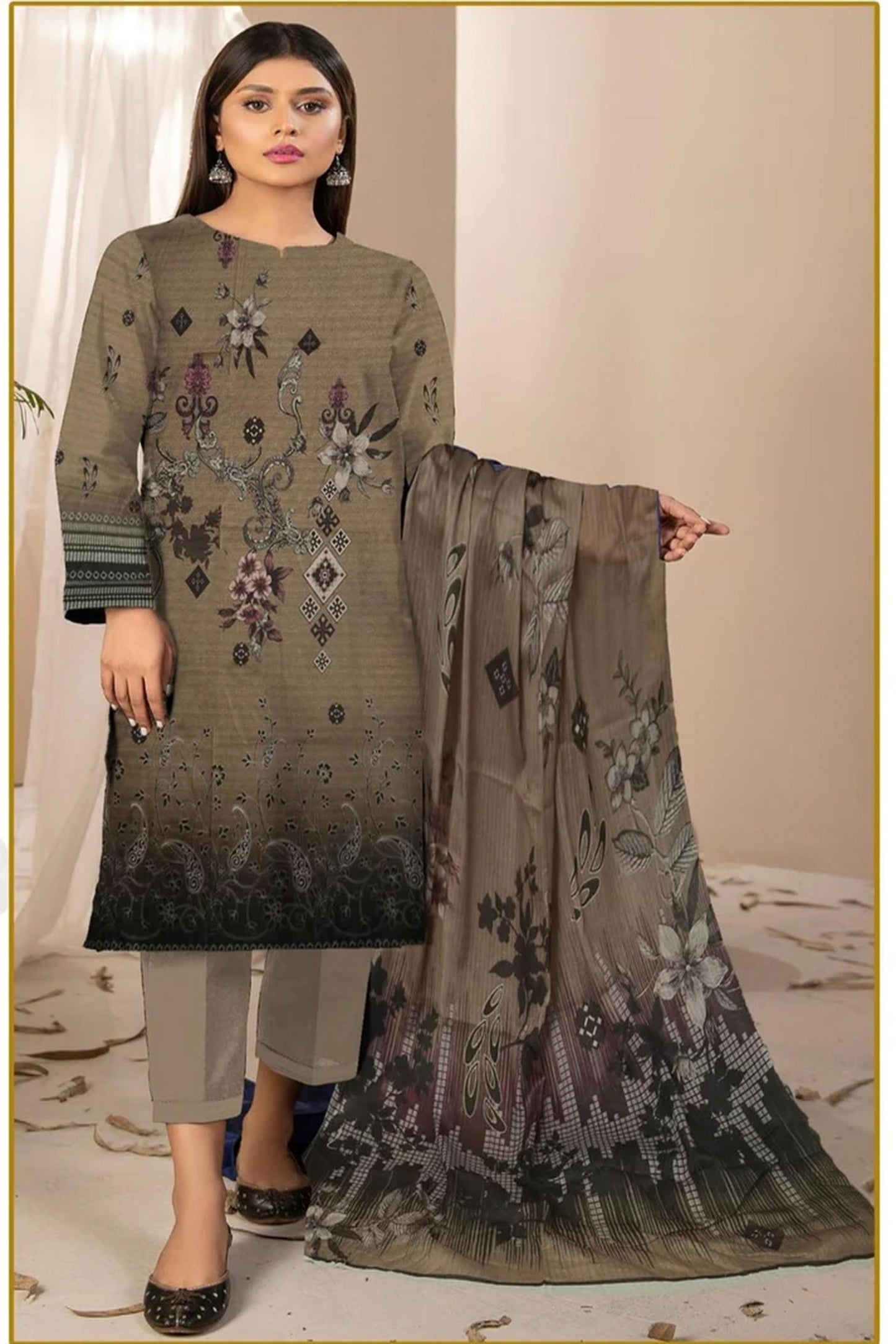 3-Piece Premium Olive Brown Floral Printed Lawn Suit(Unstitched)