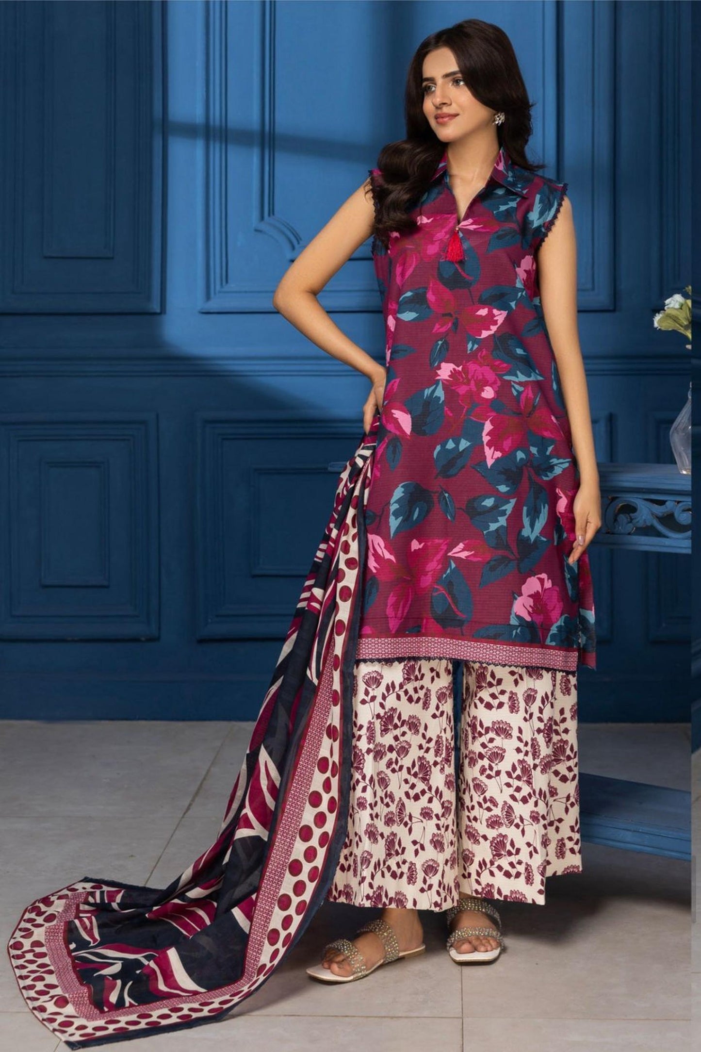 3-Piece Premium Maroon & Cream Unstitched Lawn Suit