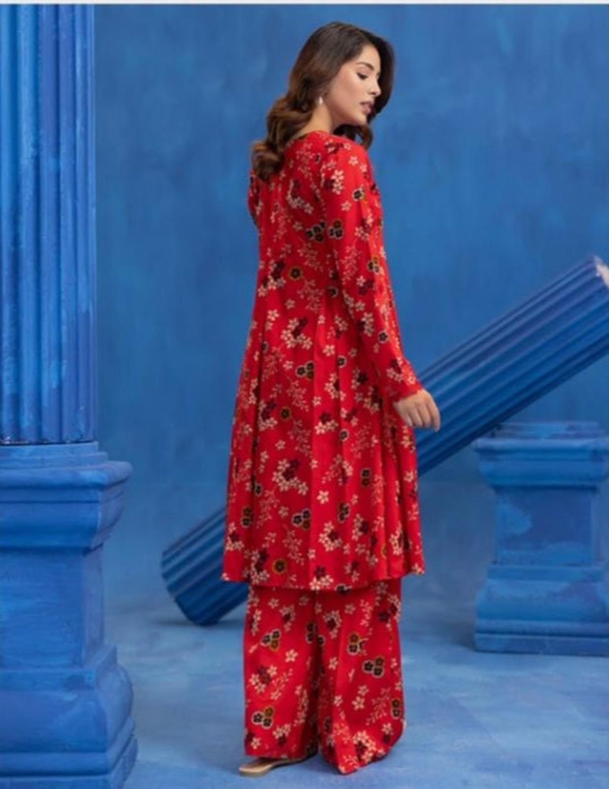 2-Piece Premium Ruby Red Floral Print Unstitched Lawn Suit