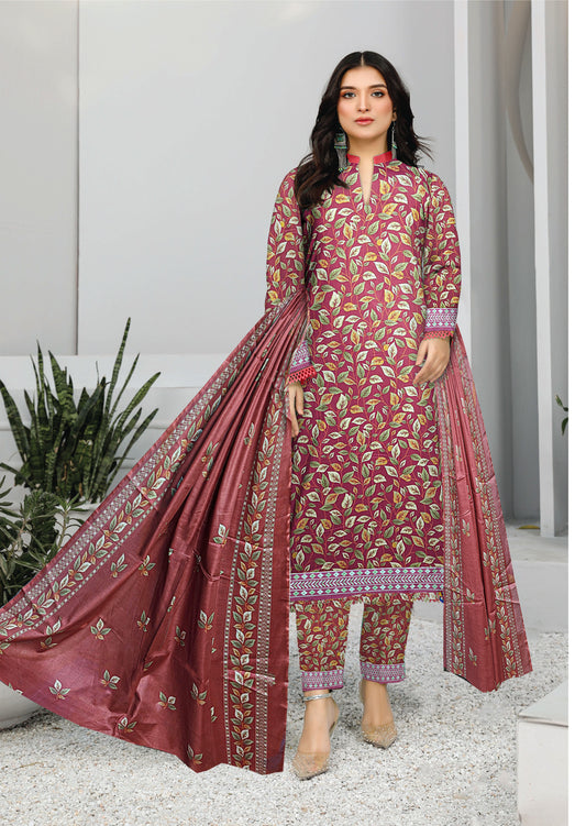 3-Piece Premium Maroon aqua printed lawn suit with printed lawn dupatta(Unstitched)
