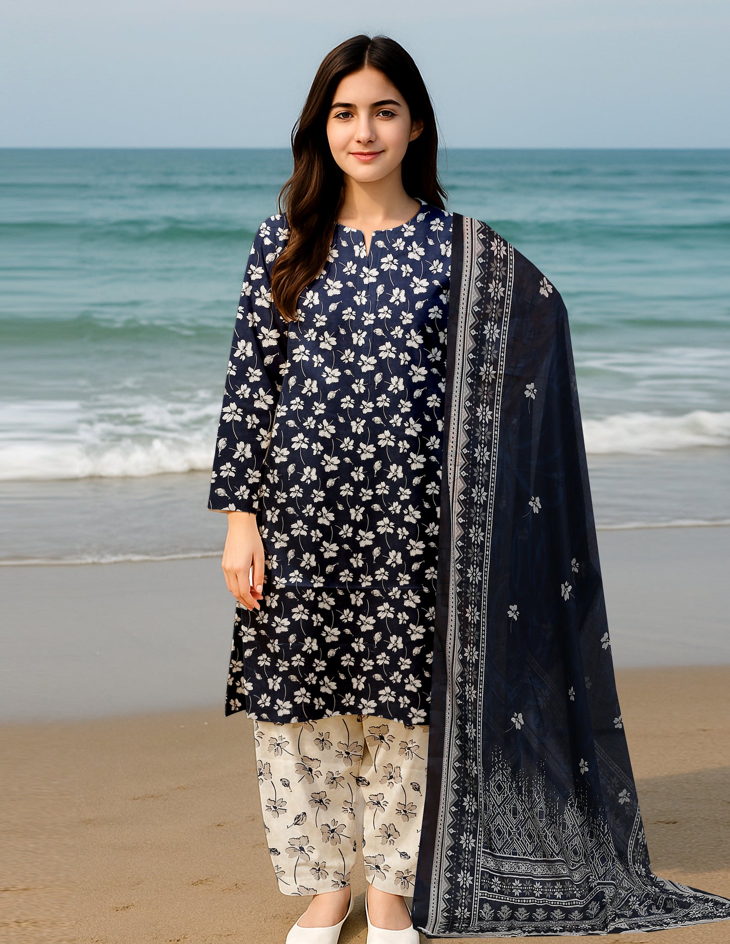 3-Piece Premium Light blue Floral Unstitched Lawn Suit