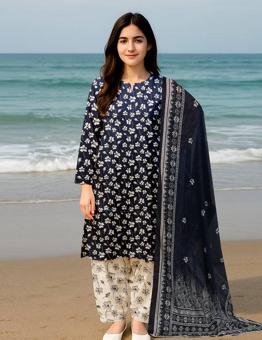 3-Piece Premium Light blue Floral Unstitched Lawn Suit