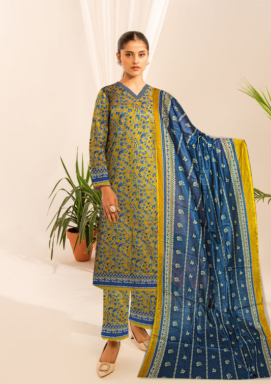 Summer End Sale 3-Pc Premium light yellow blue digital floral  printed cotton lawn shirt & Dupatta(Unstitched)