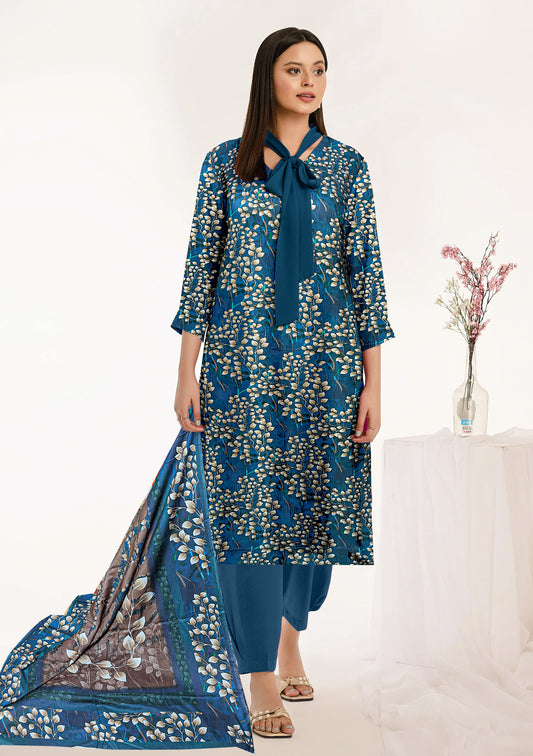 3-Pc Printed Linen Floral Unstitched Suit with linen Dupata (Premium Winter Collection)