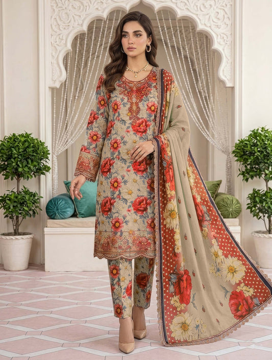Printed Lawn 3 Piece Unstitched Suit – Sequins Patch Shirt with Chiffon Lace Dupatta