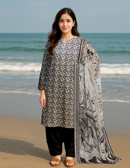 3-Piece Premium Black grey white printed Lawn suit (Unstitched)