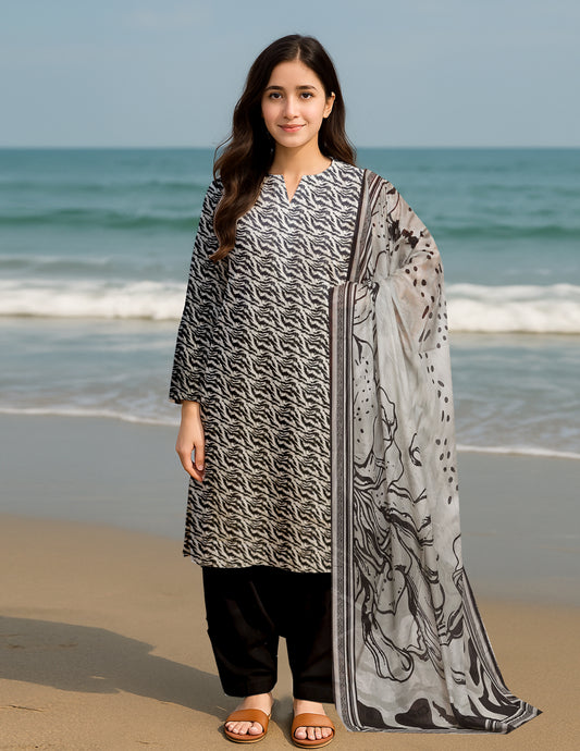 3-Piece Premium Black grey white printed Lawn suit (Unstitched)