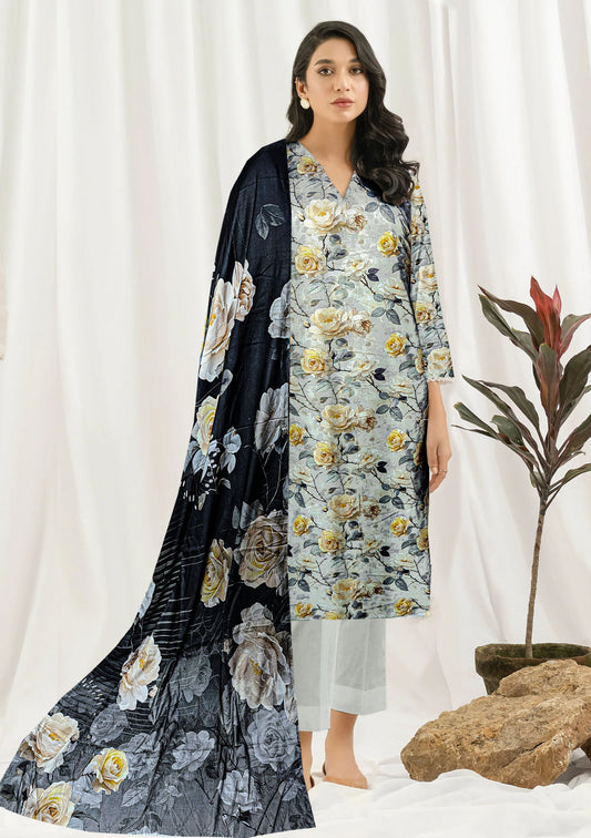 3-Pc Printed Linen Floral Unstitched Suit with linen Dupata (Premium Winter Collection)