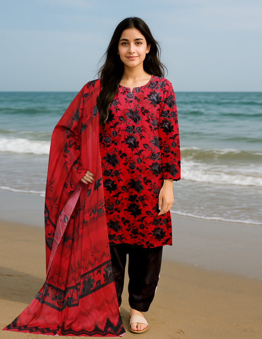 3-piece Premium Red and Black Digital floral printed Lawn suit (Unstitched)