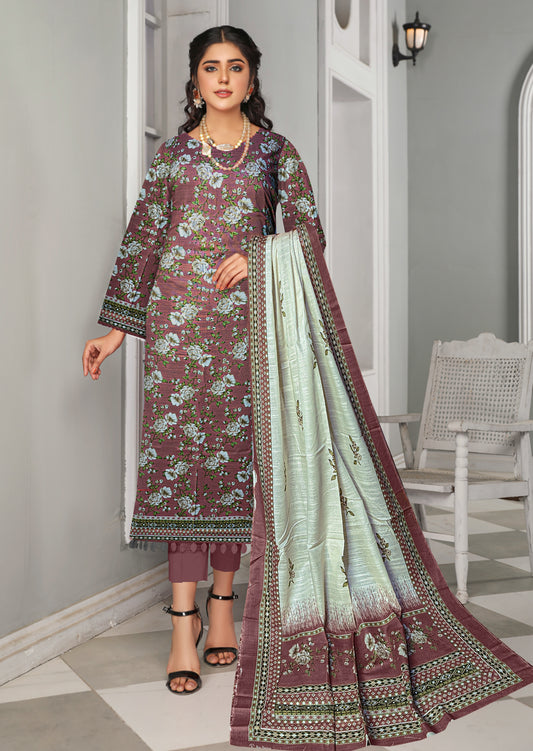 3-Pc Printed Khaddar Floral Unstitched Suit with Khaddar Printed Dupatta(Premium Winter Collection)