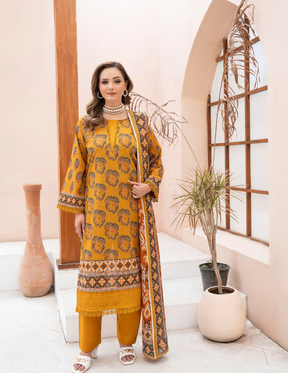 3 Pc Luxury Printed Lawn Suit – Elegant Premium Unstitched Summer Wear