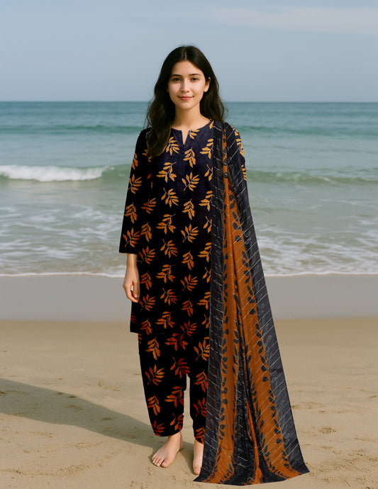 3-Piece Premium Black Orange Floral printed Unstitched Lawn Suit