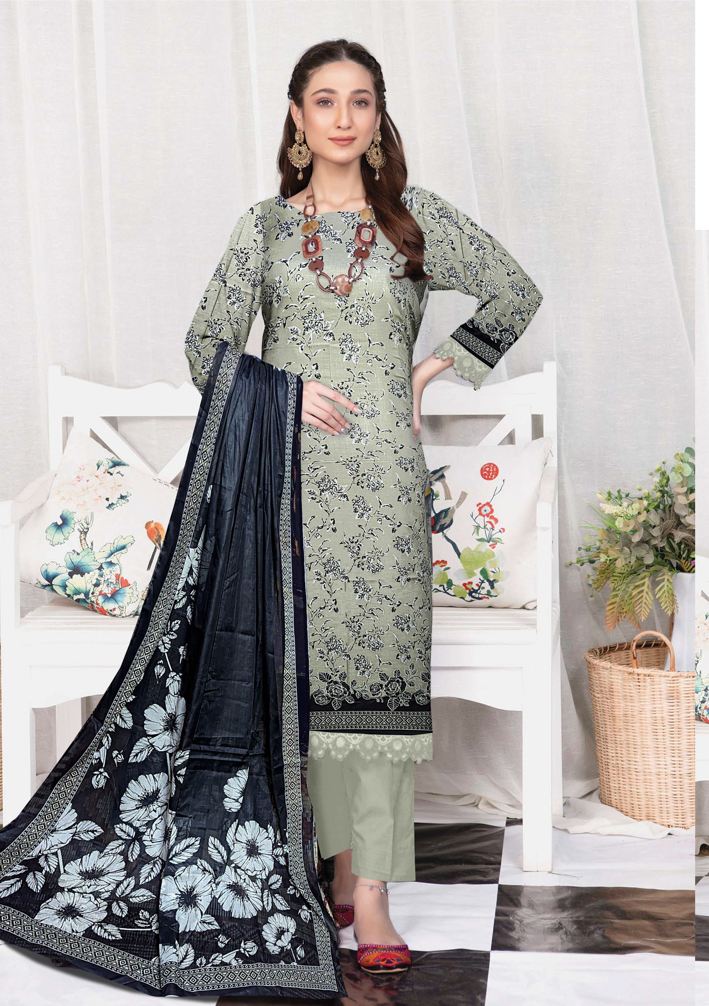 Summer End Sale 3-piece Premium lawn suit with Lawn Dupatta(Unstitched)