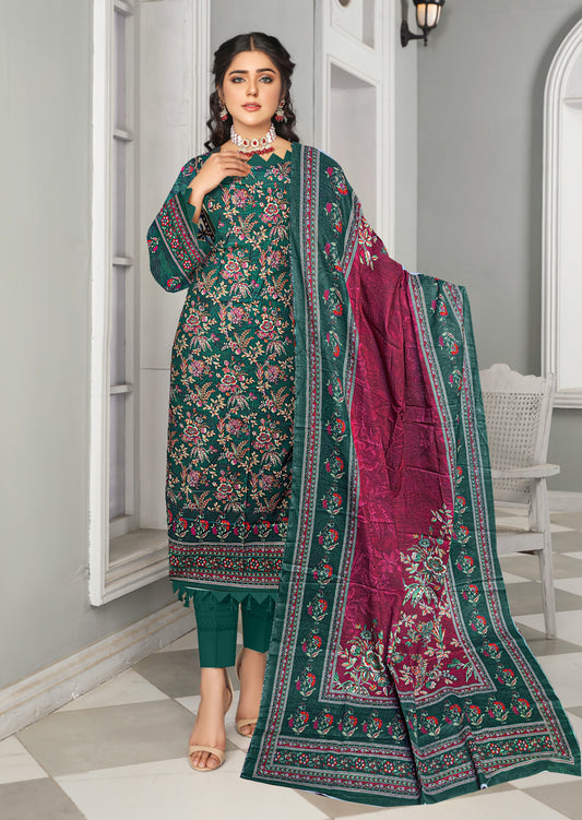 3-Pc Printed Khaddar Floral Unstitched Suit with Khaddar Printed Dupatta(Premium Winter Collection)